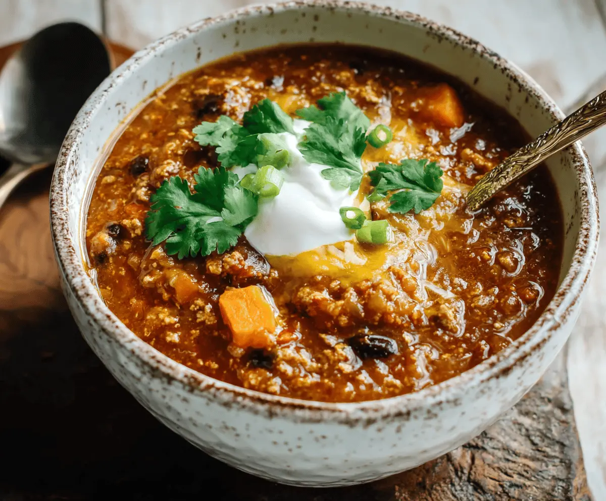 Hearty sweet potato turkey chili served in a bowl with fresh herbs and chopped vegetables, perfect for a warm, healthy meal.