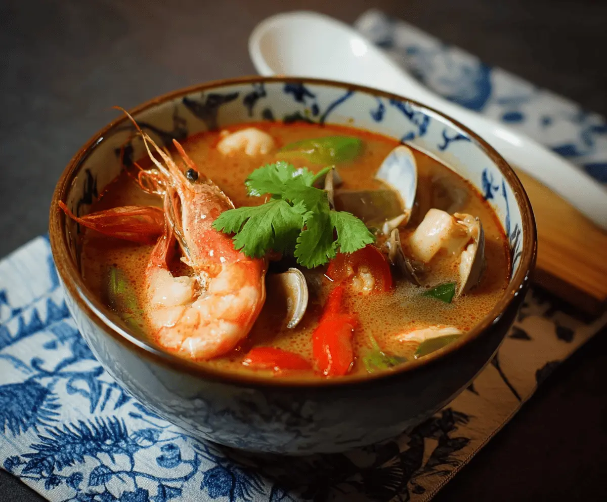 Spicy and flavorful Thai Tom Yum Soup with shrimp, mushrooms, lemongrass, chili peppers, and fresh herbs in a bowl