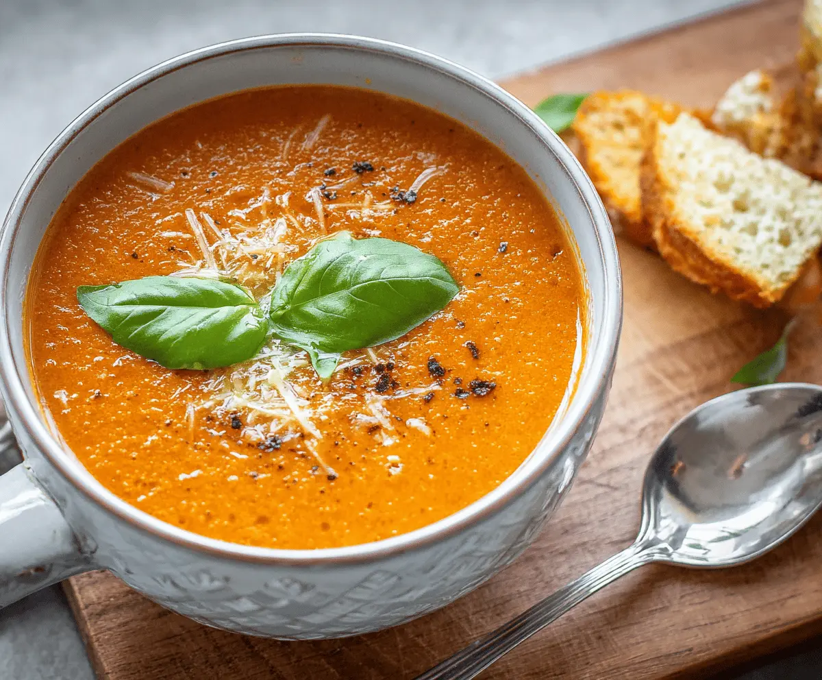 Creamy tomato basil soup garnished with fresh basil leaves in a rustic bowl, perfect for a comforting and flavorful meal.