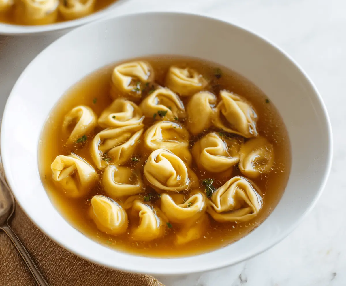 Delicious tortellini en brodo served in a bowl, garnished with fresh herbs and grated cheese, perfect for a comforting Italian soup meal.