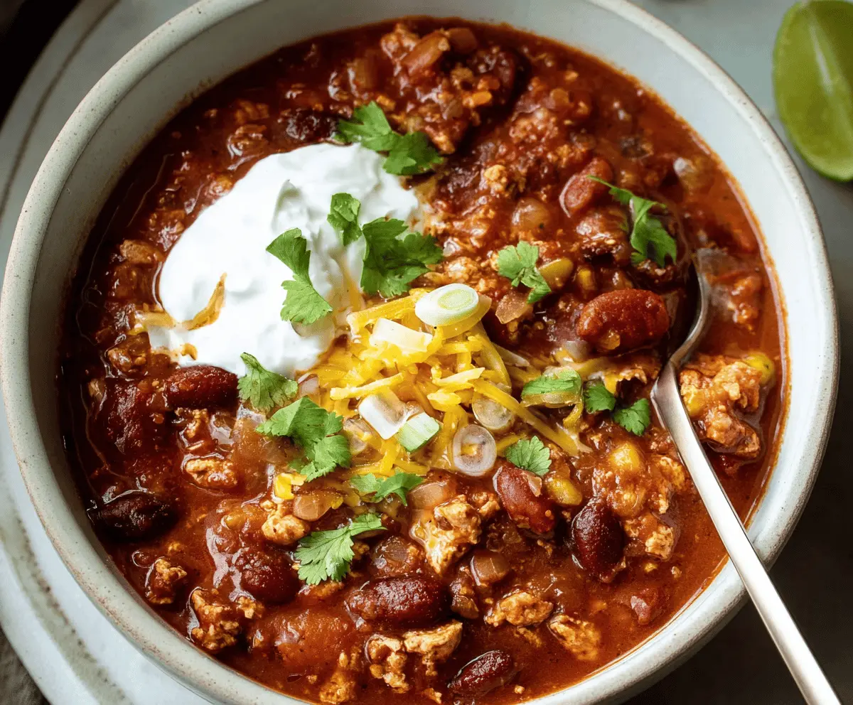 A hearty bowl of turkey chili topped with shredded cheese, fresh cilantro, and diced onions, served with a side of crusty bread on a rustic wooden table.