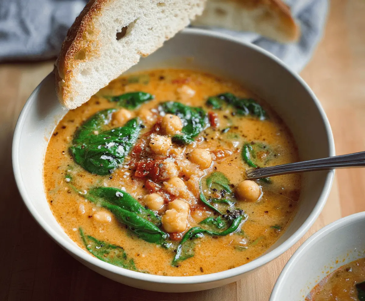 Creamy Tuscan Chickpea Soup served in a bowl with fresh herbs, garlic, and olive oil, highlighting a hearty and flavorful vegetarian dish.