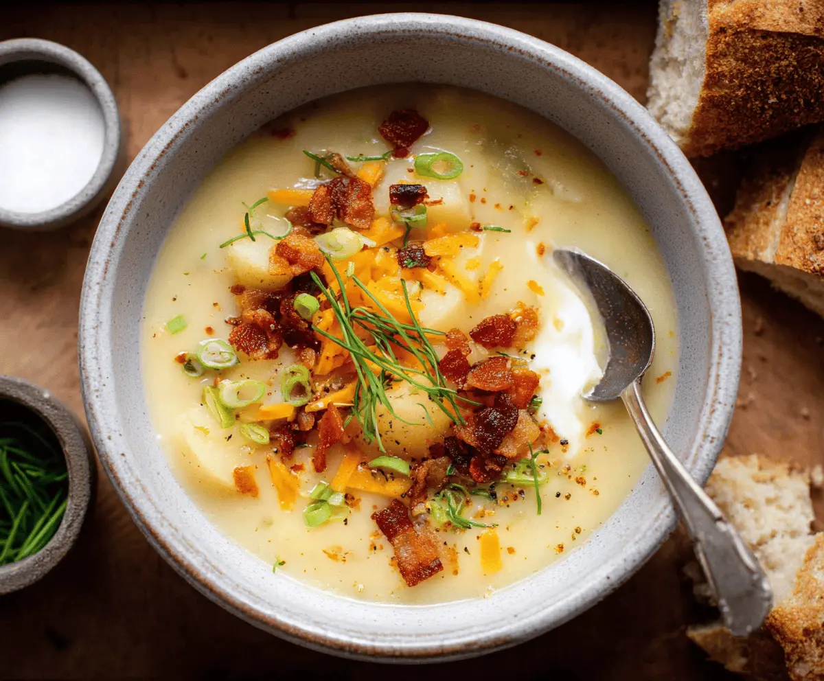 Creamy vegan potato soup garnished with fresh herbs in a rustic bowl, perfect for a comforting plant-based meal.