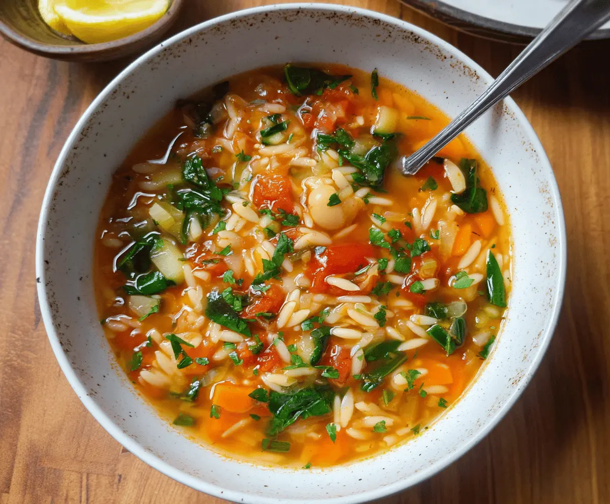 Hearty vegetable orzo soup with colorful vegetables and fresh herbs in a bowl, perfect for a comforting and healthy meal.