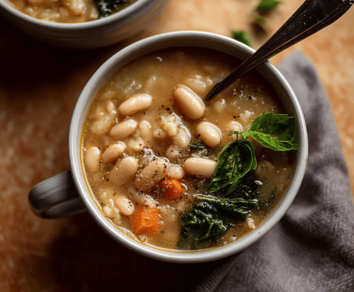 Creamy white bean soup garnished with fresh herbs in a rustic bowl, perfect for a comforting and healthy meal.