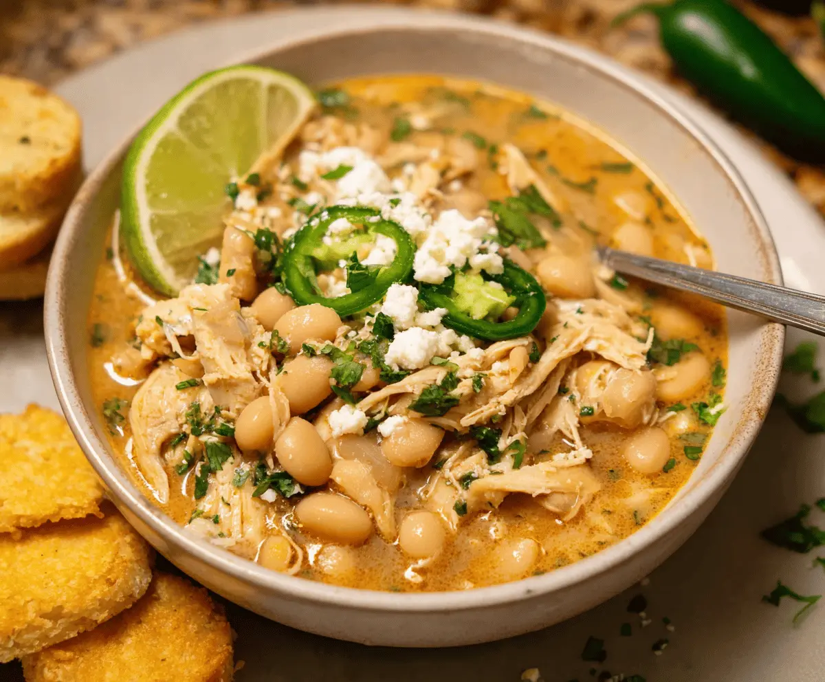 Creamy white chicken chili topped with shredded cheese and fresh cilantro in a bowl, featuring tender chicken, beans, and flavorful spices.