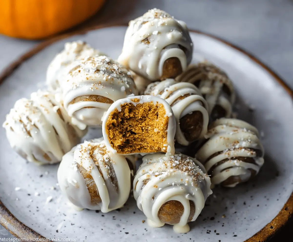 Delicious white chocolate pumpkin protein balls on a white plate, perfect healthy snack with white chocolate and pumpkin flavor
