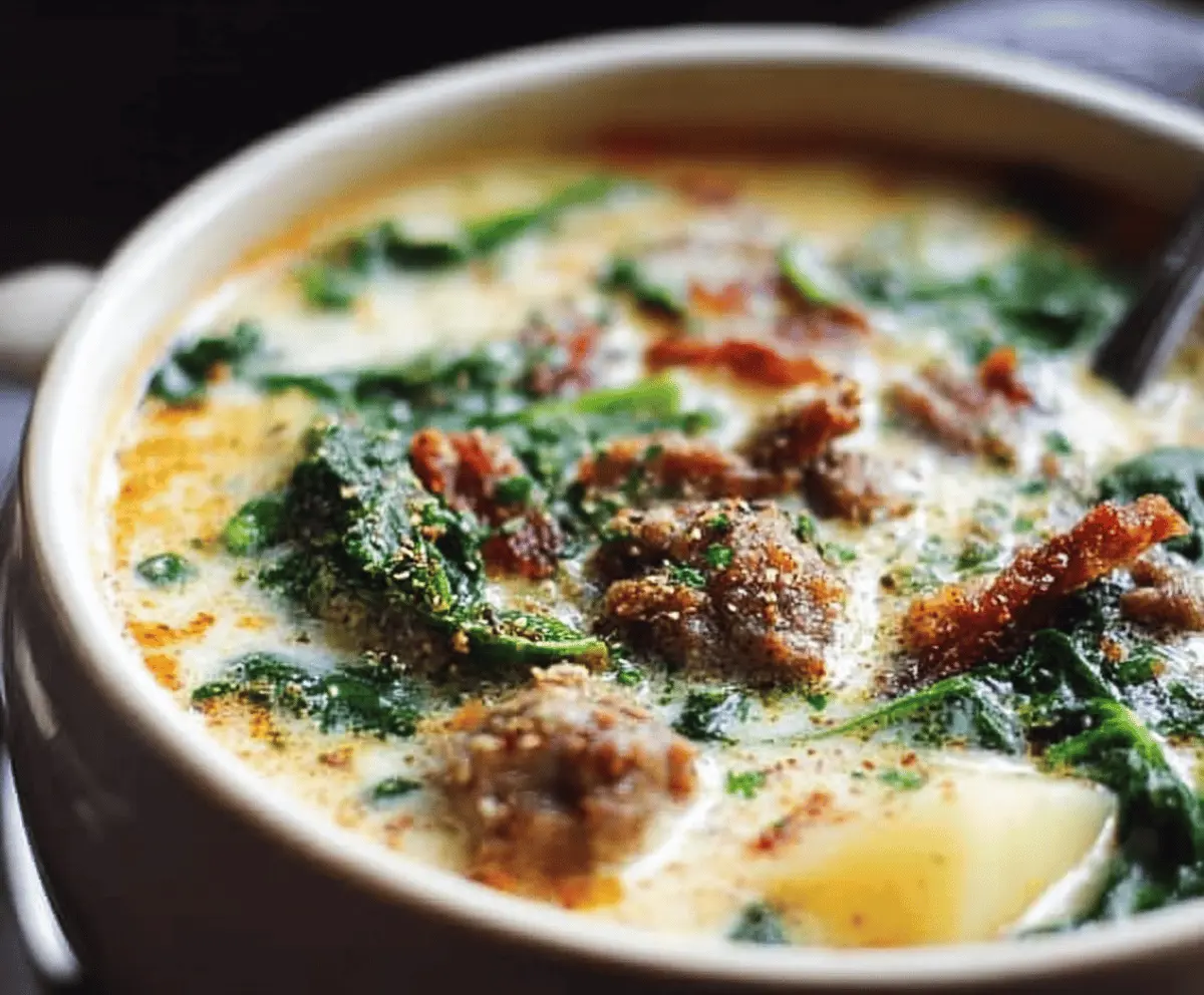 A bowl of Zuppa Toscana Soup featuring creamy broth, crispy bacon, sliced Italian sausage, kale, and potatoes garnished with Parmesan cheese.